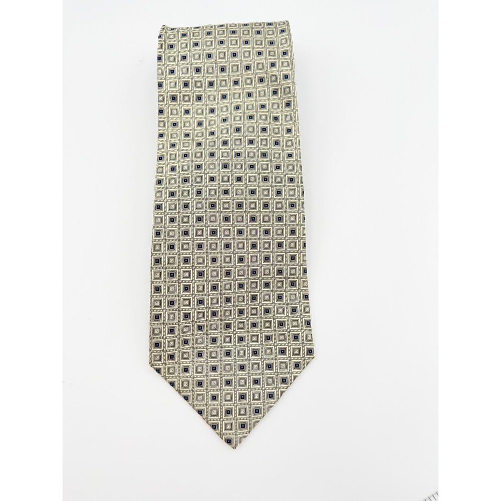 Chas Reed & Co Mens Geometric Square Silk Blend Tie Champagne Navy Blue Tan